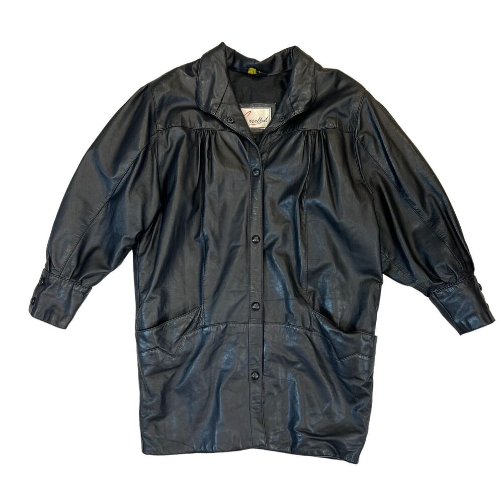 Vintage Excelled Leather Jacket Womens M Medium Black Snap Buttons Dolman Sleeve